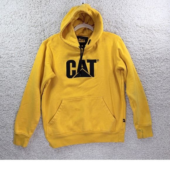 CAT Hooded Sweatshirt Mens M Yellow Fair Worn Workwear Logo Pullover Hoodie